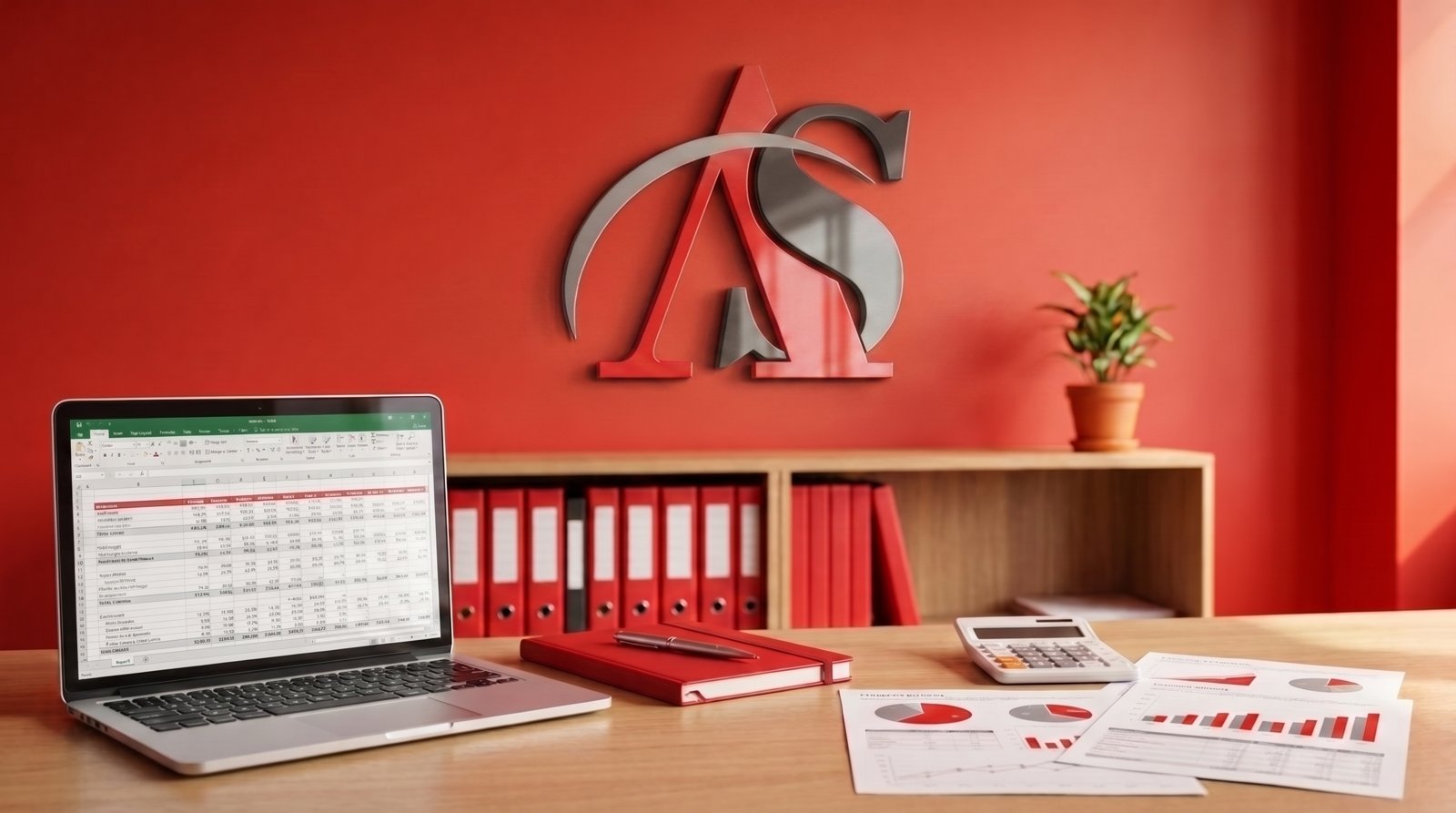 Mesa de escritório com logotipo AS Soluções Contábeis